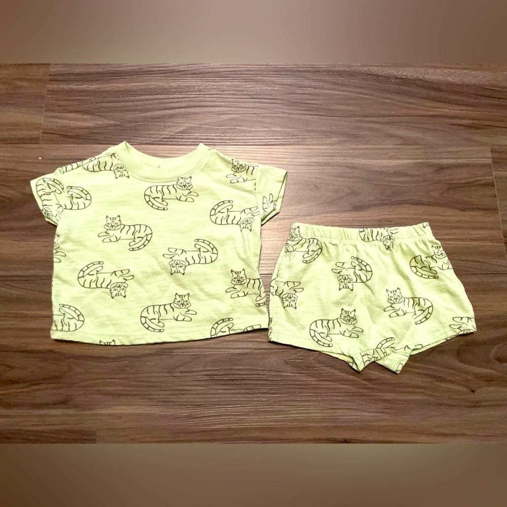 Cat & Jack Baby Boy Light Green Short Matching Set with Cat Print size 0/3M